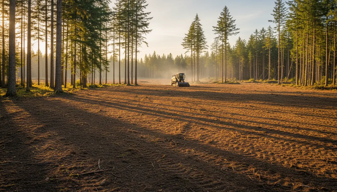 Excavator working a cleared strip of forest land above a river valley at golden hour