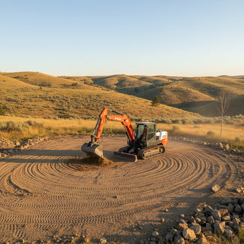 Skid steer clearing an irrigation ditch between rows of orchard and vineyard on a Tri-Cities property
