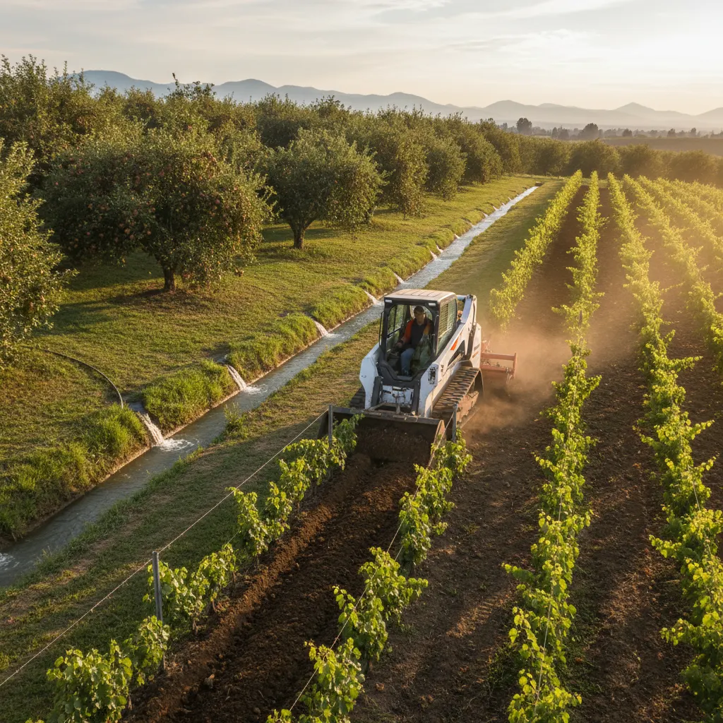 Skid steer shaping a new home site with dust rising in the golden hour light