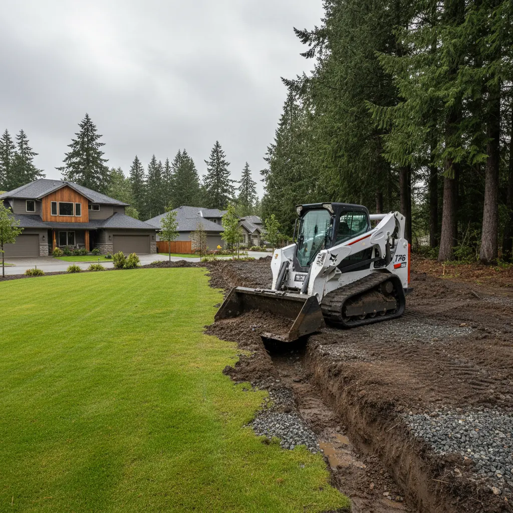 Skid steer loading brush and debris into a dump trailer during a lot cleanup