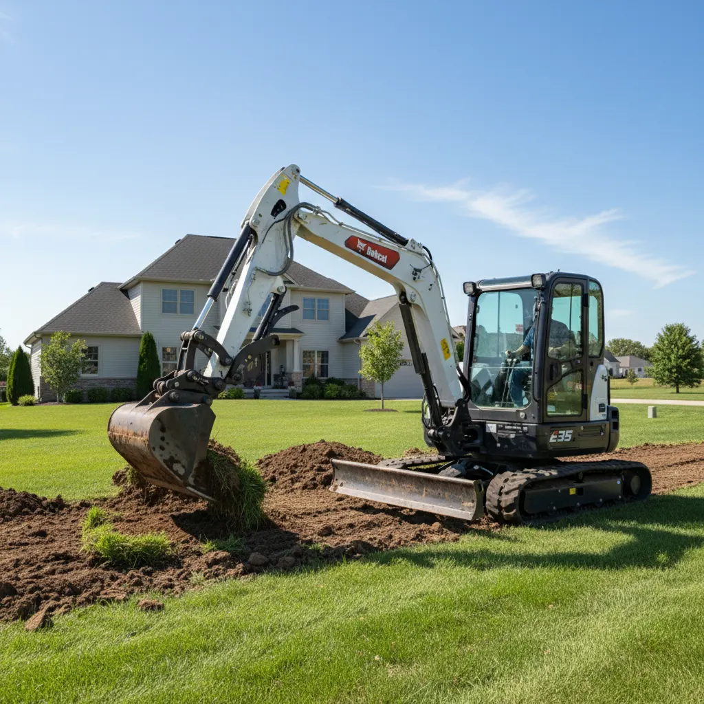 Finished in-ground trampoline pit on a lawn with excavation equipment staged in the background