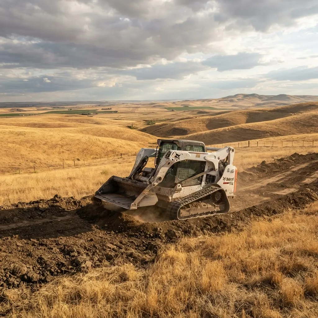 Skid steer clearing a trail through forest at sunrise