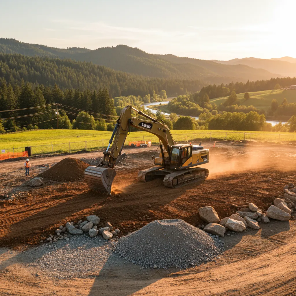 Excavator bucket cutting into a fresh trench at golden hour