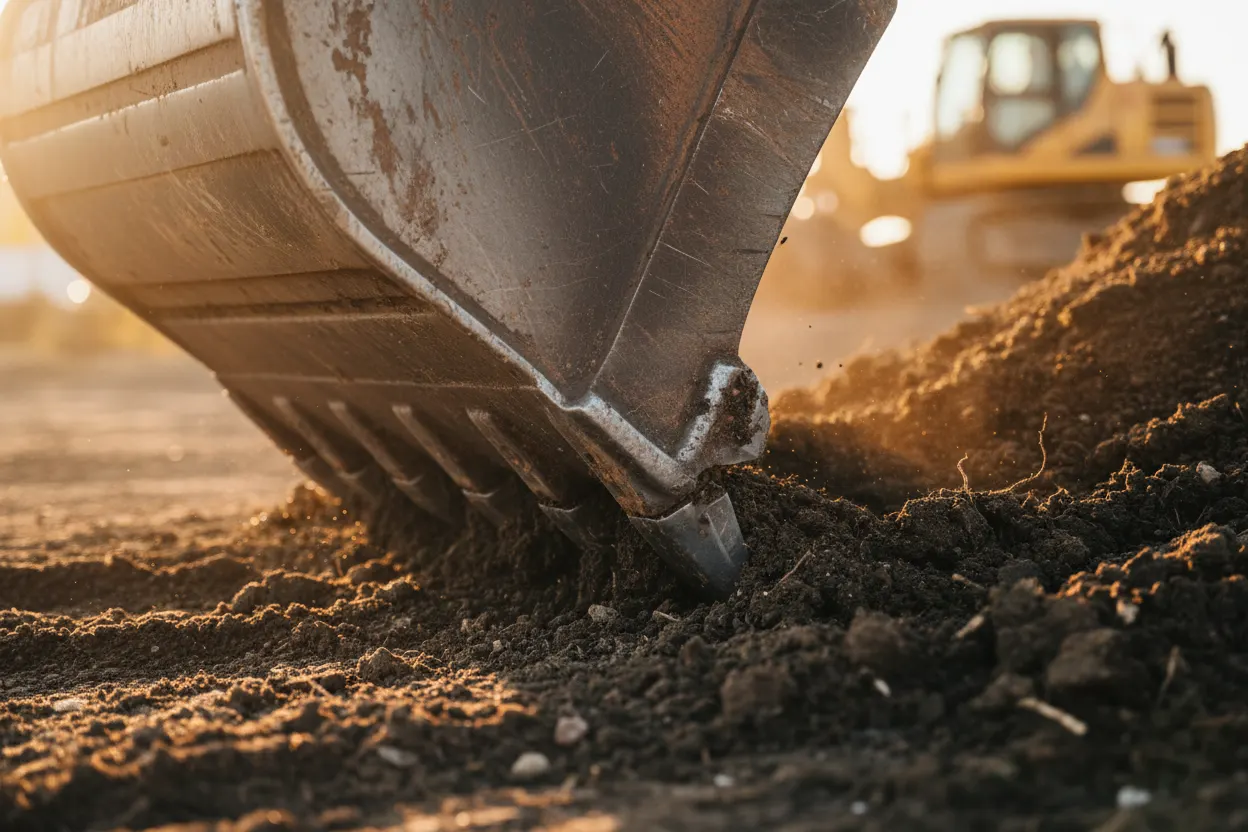 Excavator grading a new gravel driveway across rolling Eastern Washington hills at sunset